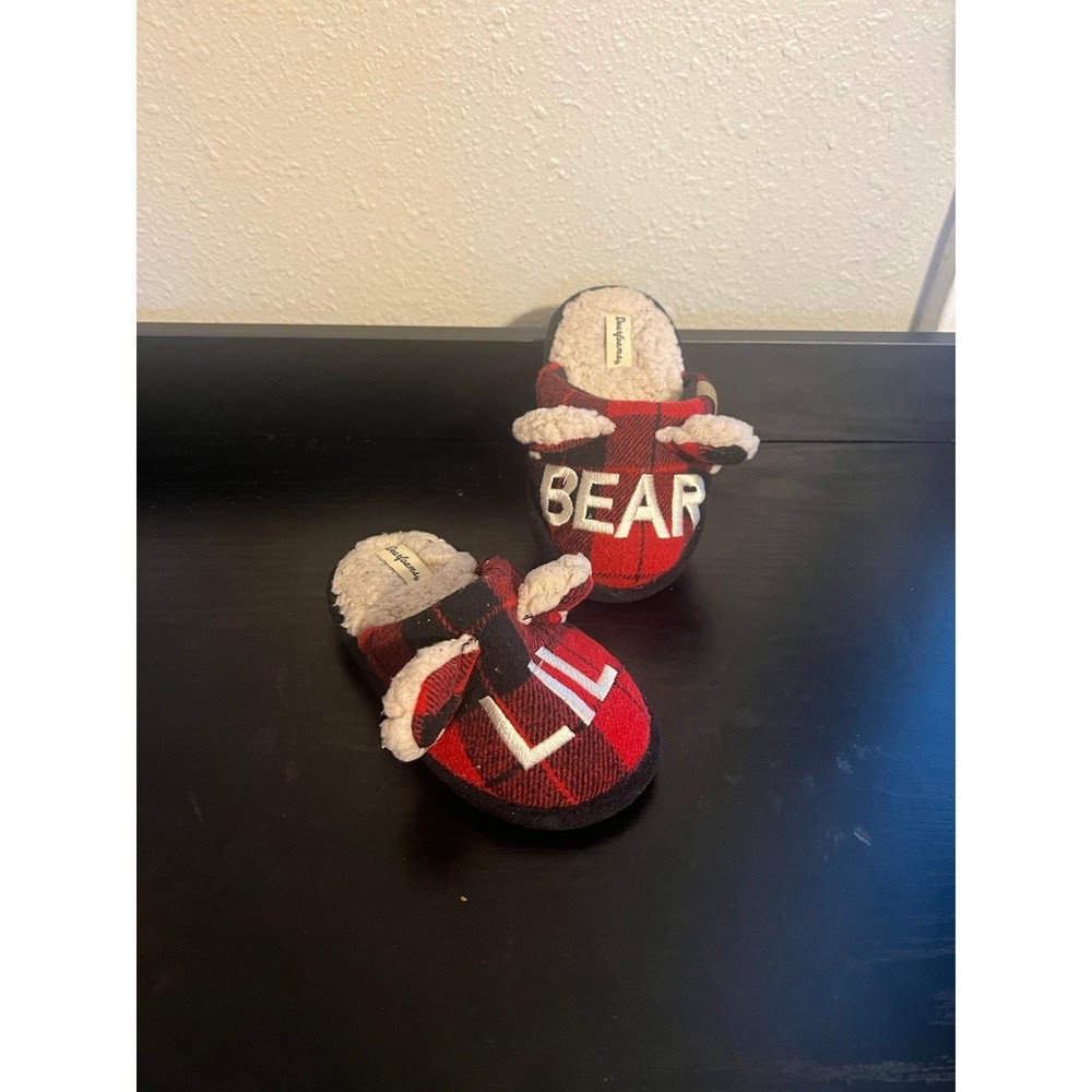 Lil Bear Checkered Plaid Red and Black Toddler Slippers Size 7-8